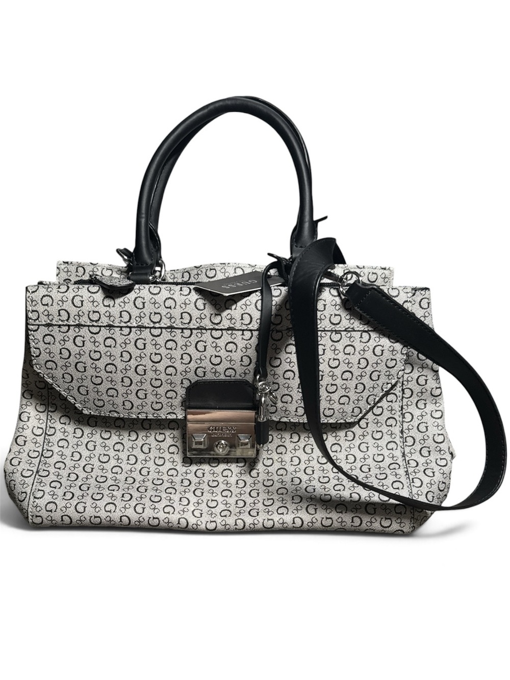 GUESS ZENA Black Monogram Satchel Padlock Charm Shoulder Bag NWT